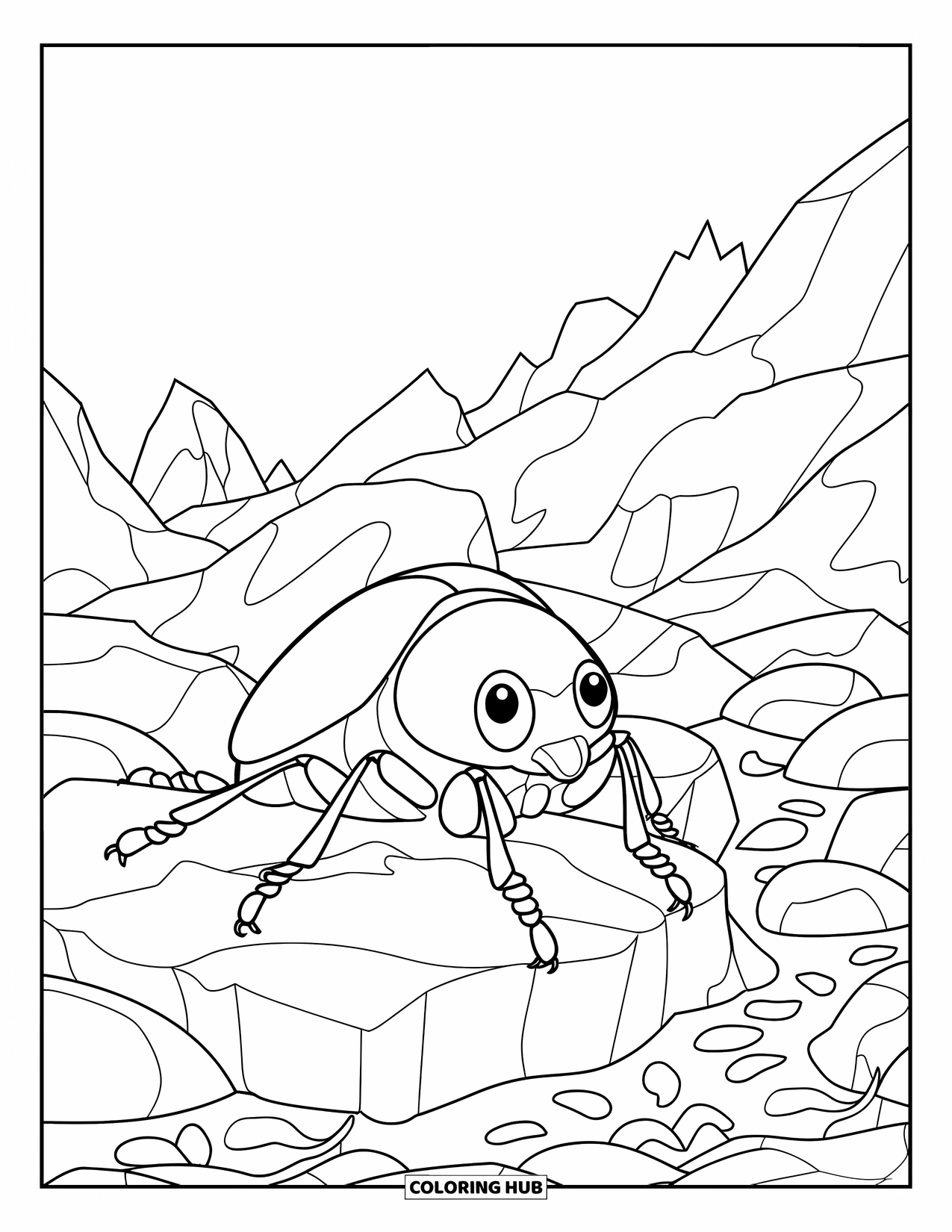 Insects Coloring Page for Kids: A beetle with big eyes rests on a rock in a mountain-filled landscape