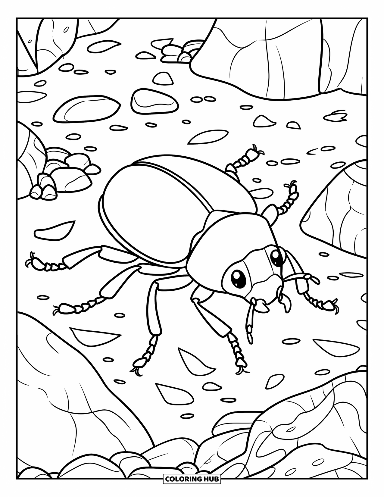 Insects Coloring Page for Kids: A beetle with spread legs crawls across rocky terrain and fallen petals