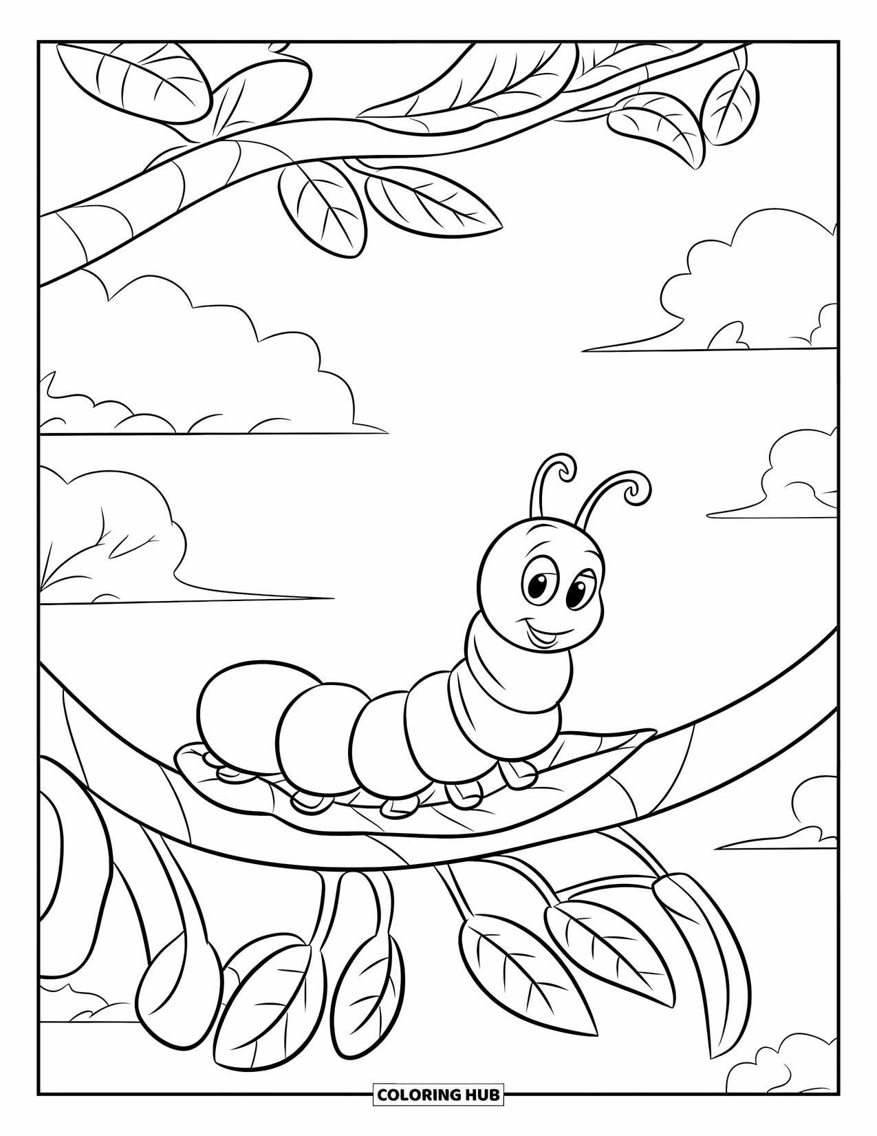 Insects Coloring Page for Kids: A caterpillar builds its cocoon on a leaf hanging from a tree branch