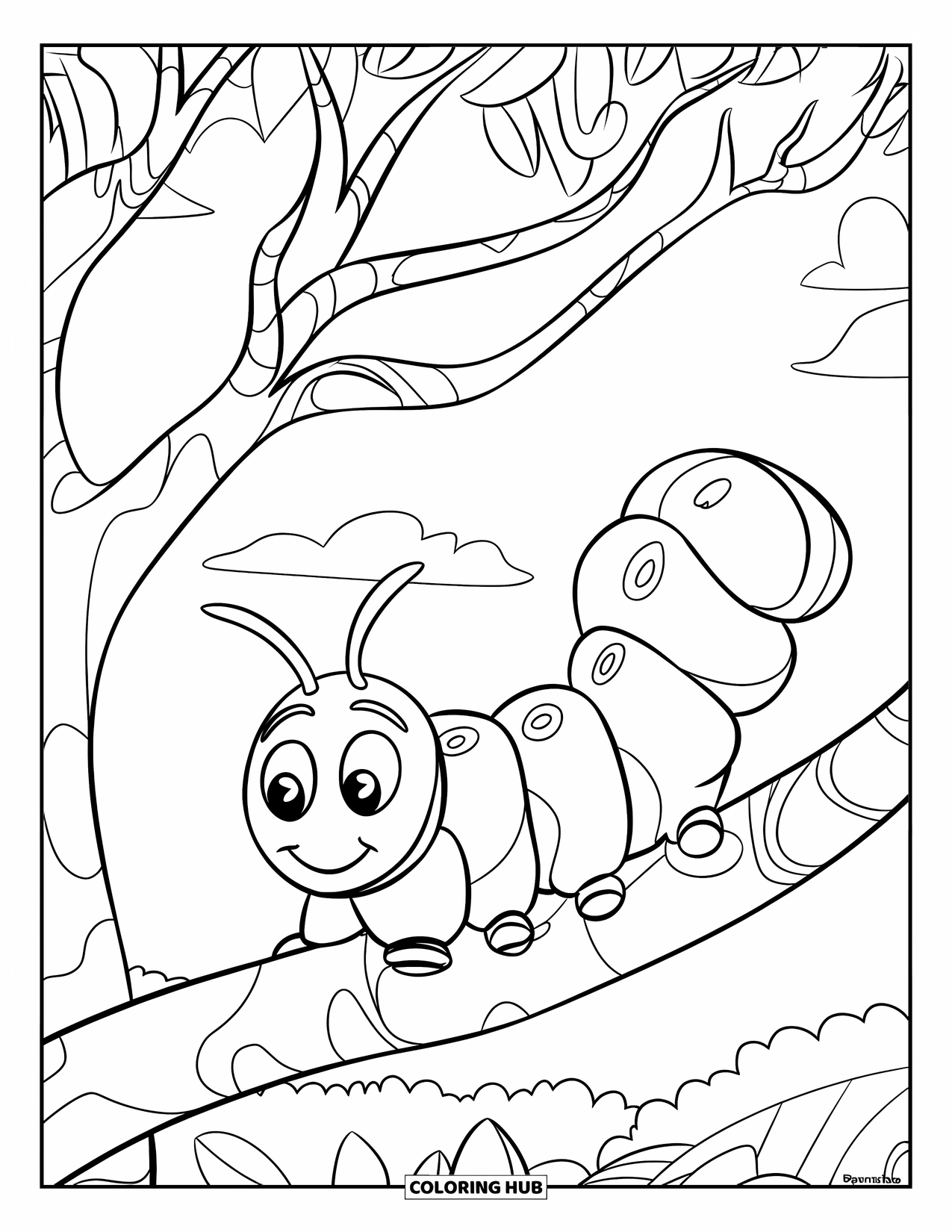 Insects Coloring Page for Kids: A caterpillar works on its cocoon high up in a tree with puffy clouds above