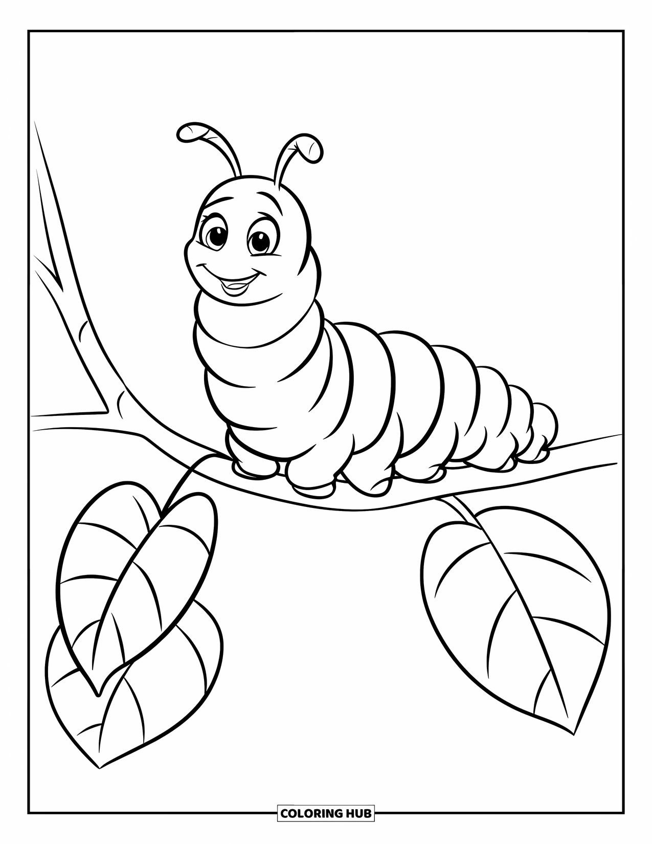 Insects Coloring Page for Kids: A cheerful caterpillar with big eyes lounges on a leafy branch
