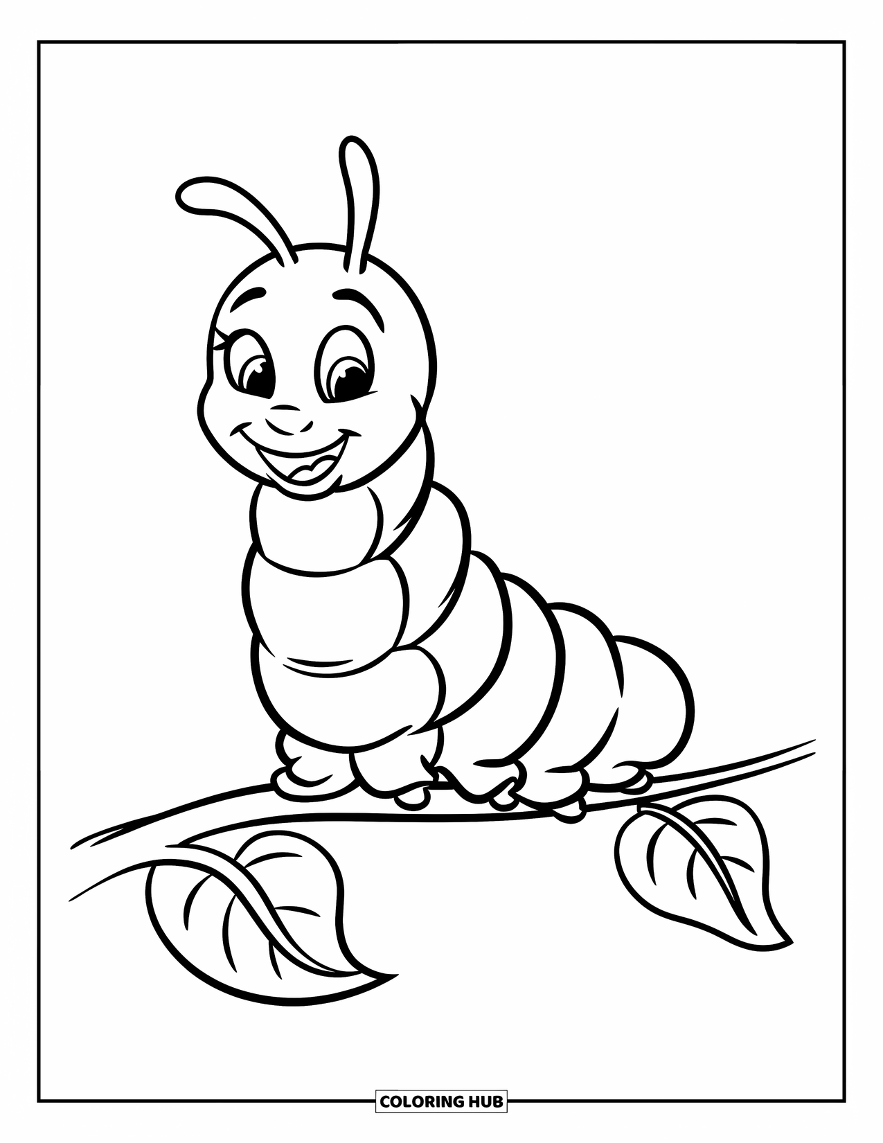 Insects Coloring Page for Kids: A chunky caterpillar sits happily on a branch with two big leaves