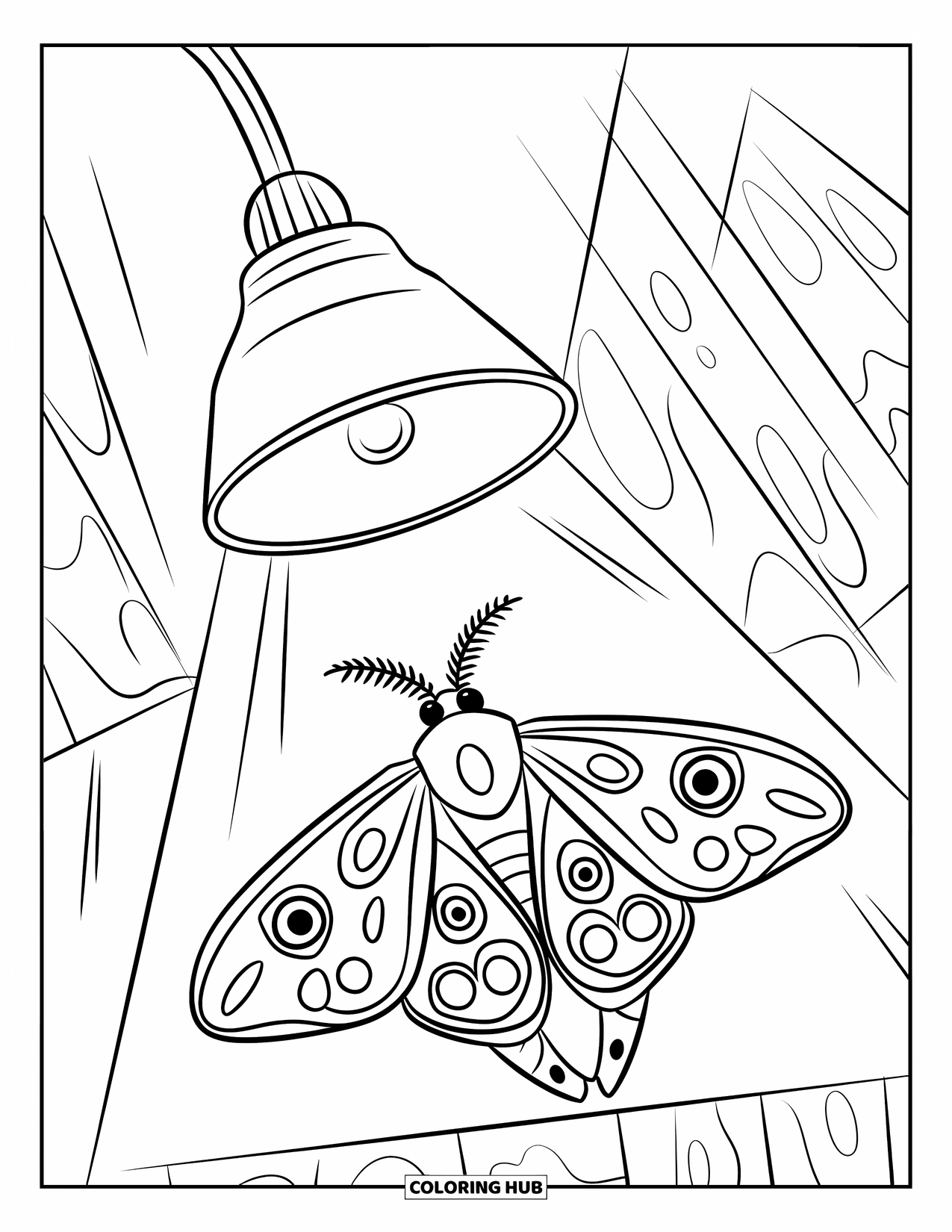 Insects Coloring Page for Kids: A curious moth flutters near a glowing lamp casting shadows on the wall