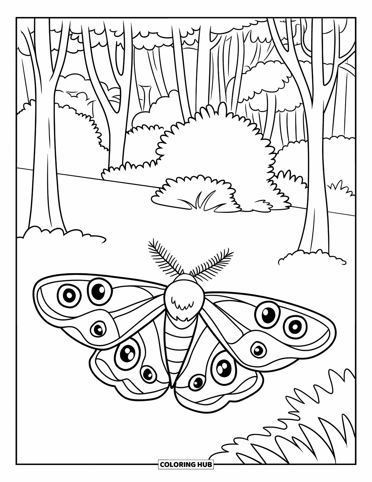 Insects Coloring Page for Kids: A moth glides through a peaceful clearing between two tall trees