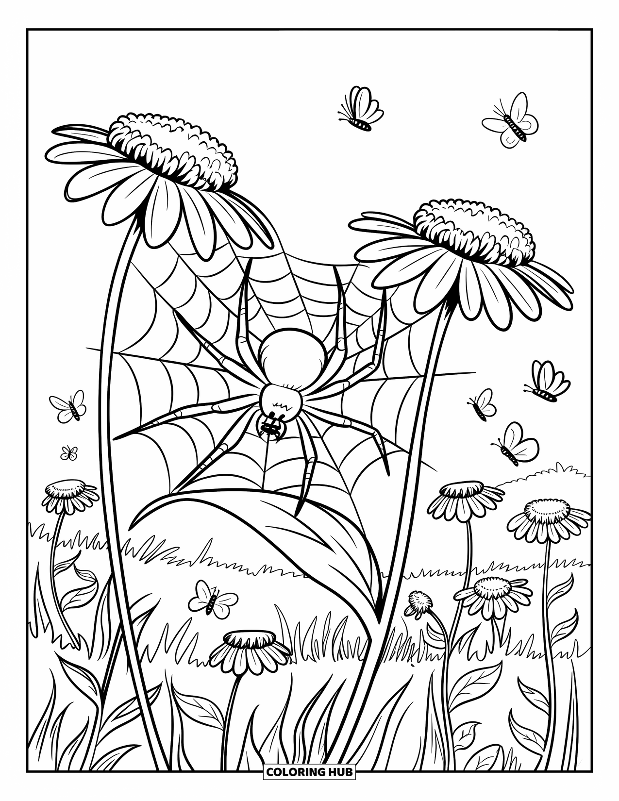 Insects Coloring Page for Kids: A spider on a leaf stretches its web between flowers with bees nearby