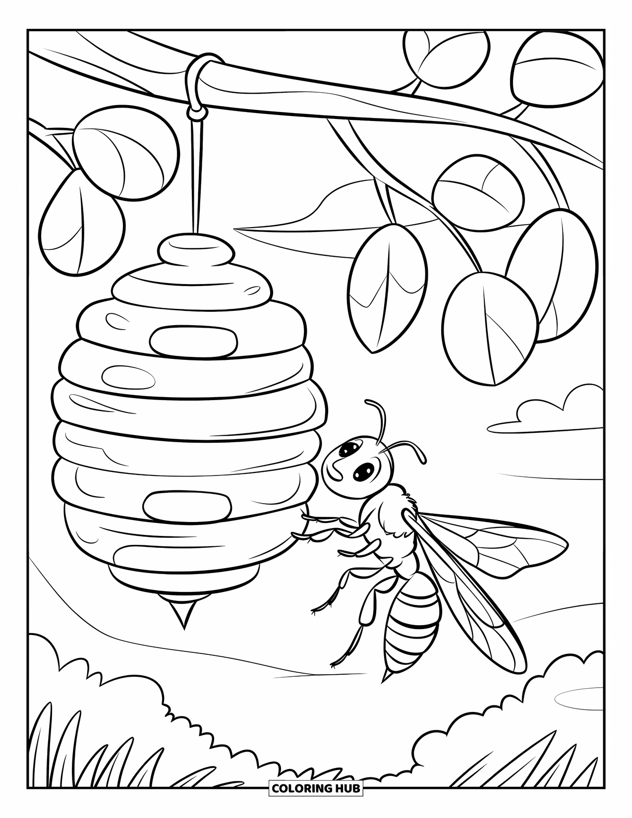 Insects Coloring Page for Kids: A tiny-hat wasp flies near a hive full of cells and broad leaves