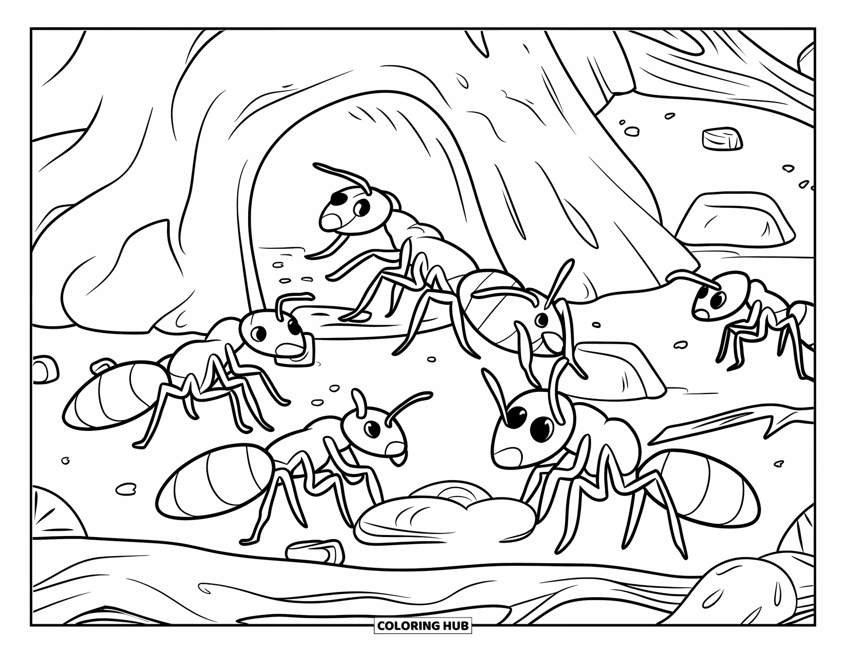 Insects Coloring Page for Kids: Ants with food make their way to an anthill with tiny entrances