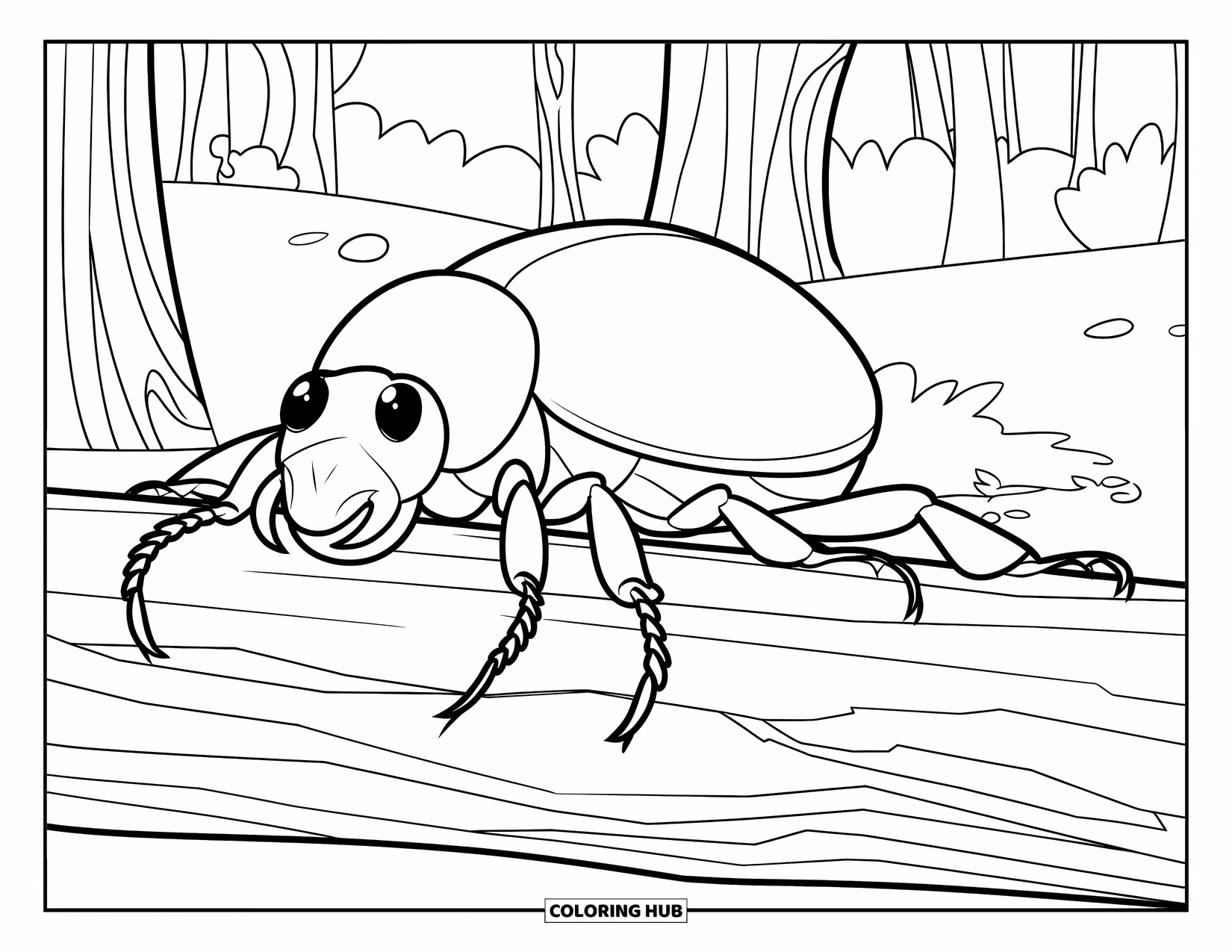 Insects Coloring Page for Kids: Beetle with long legs walks along a log in a forest