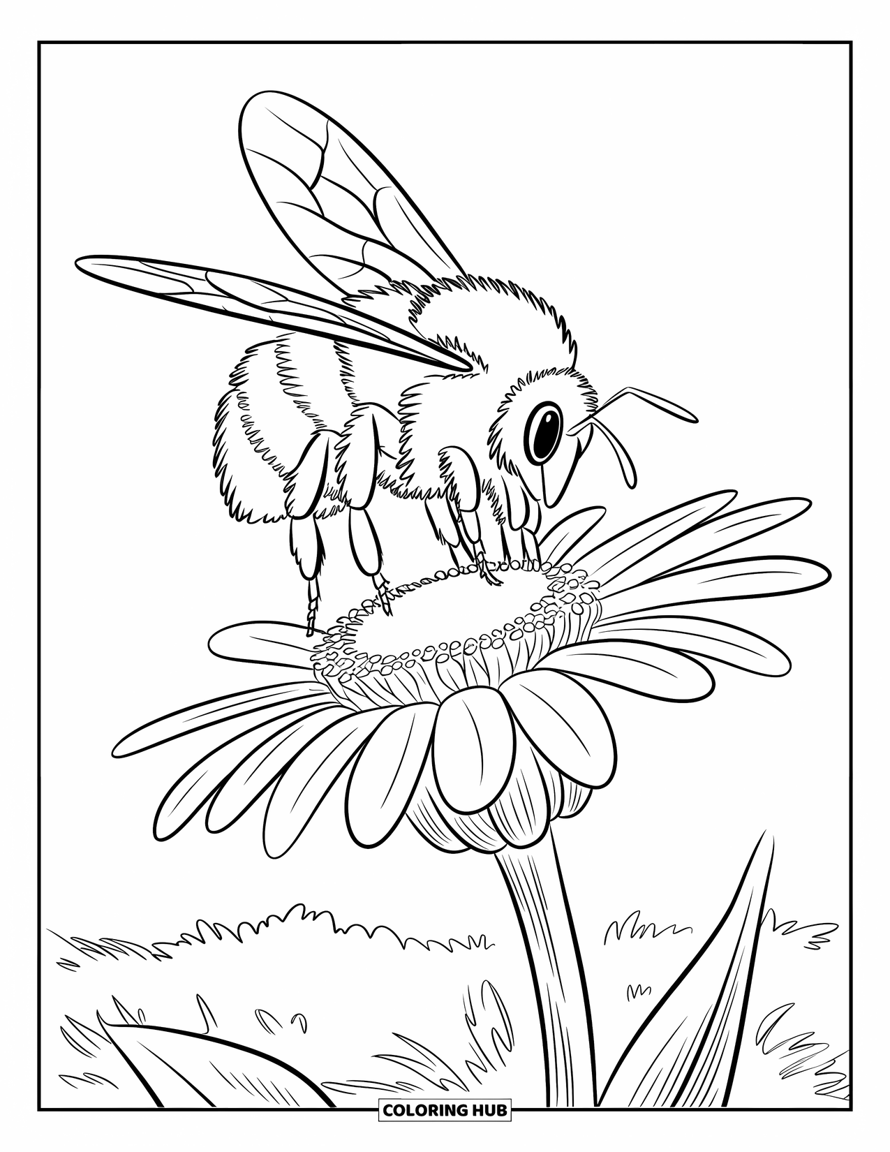 Insects Coloring Page for Kids: Bumblebee gathers nectar from a large flower with a thick green stem