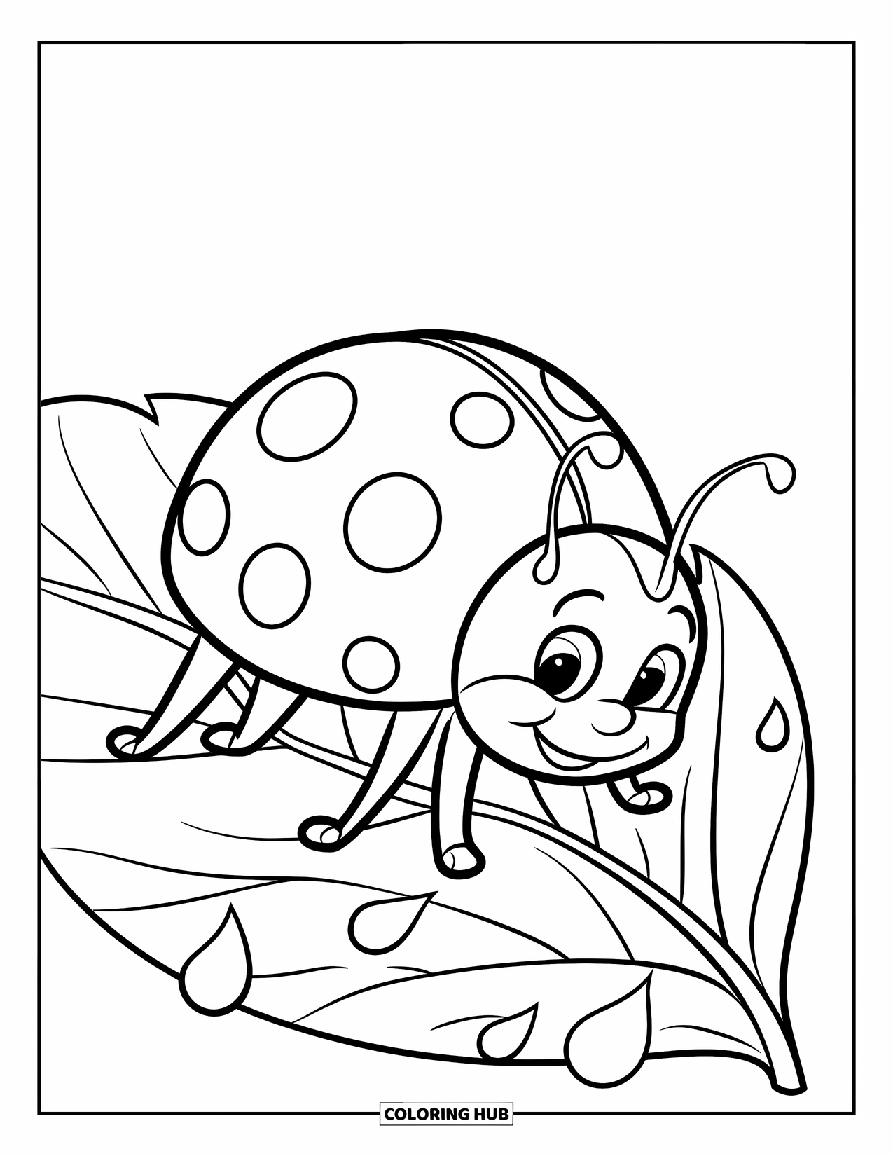 Insects Coloring Page for Kids: Cheerful ladybug with two dots crawls near dewdrops on a veined leaf