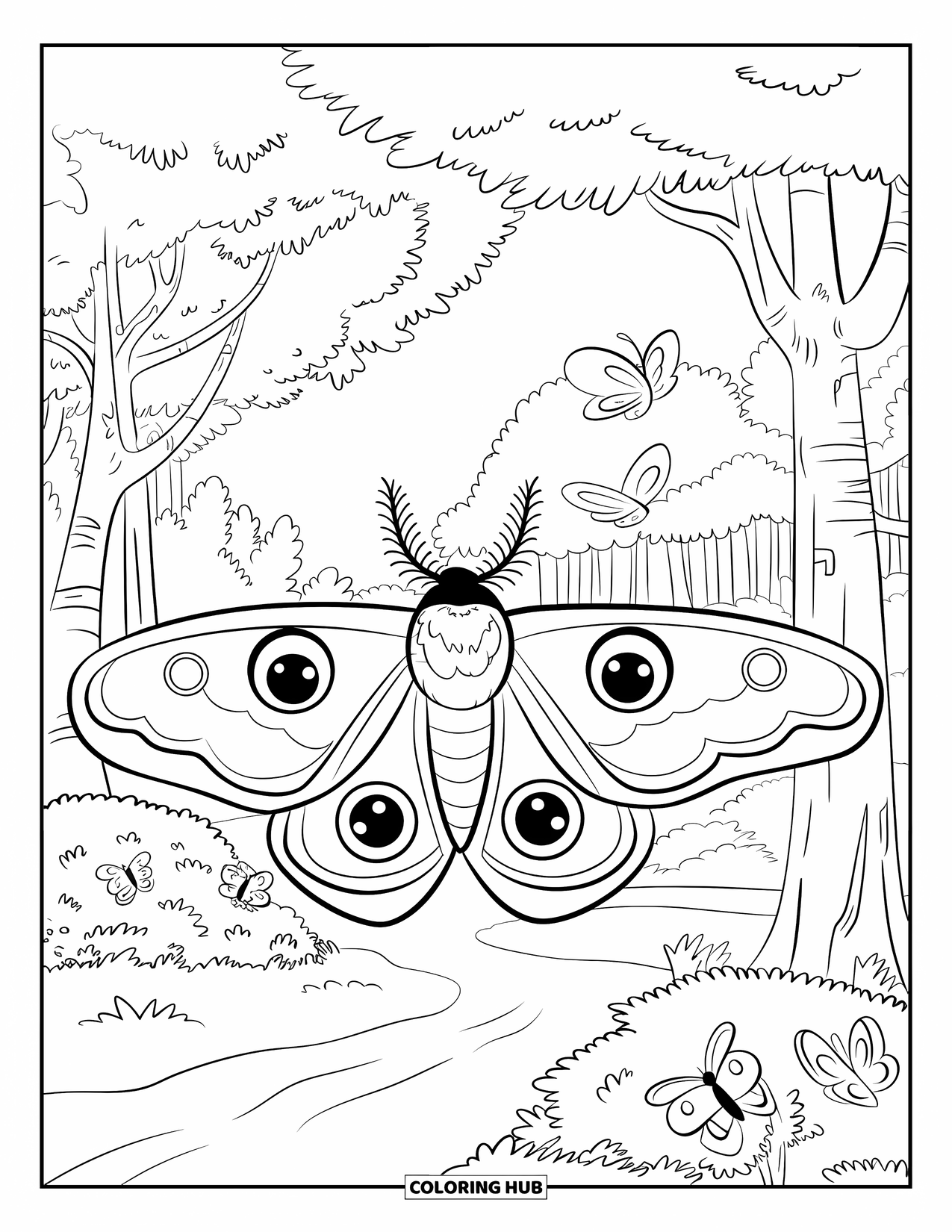 Insects Coloring Page for Kids: Moth with butterflies around it flies above a forest path