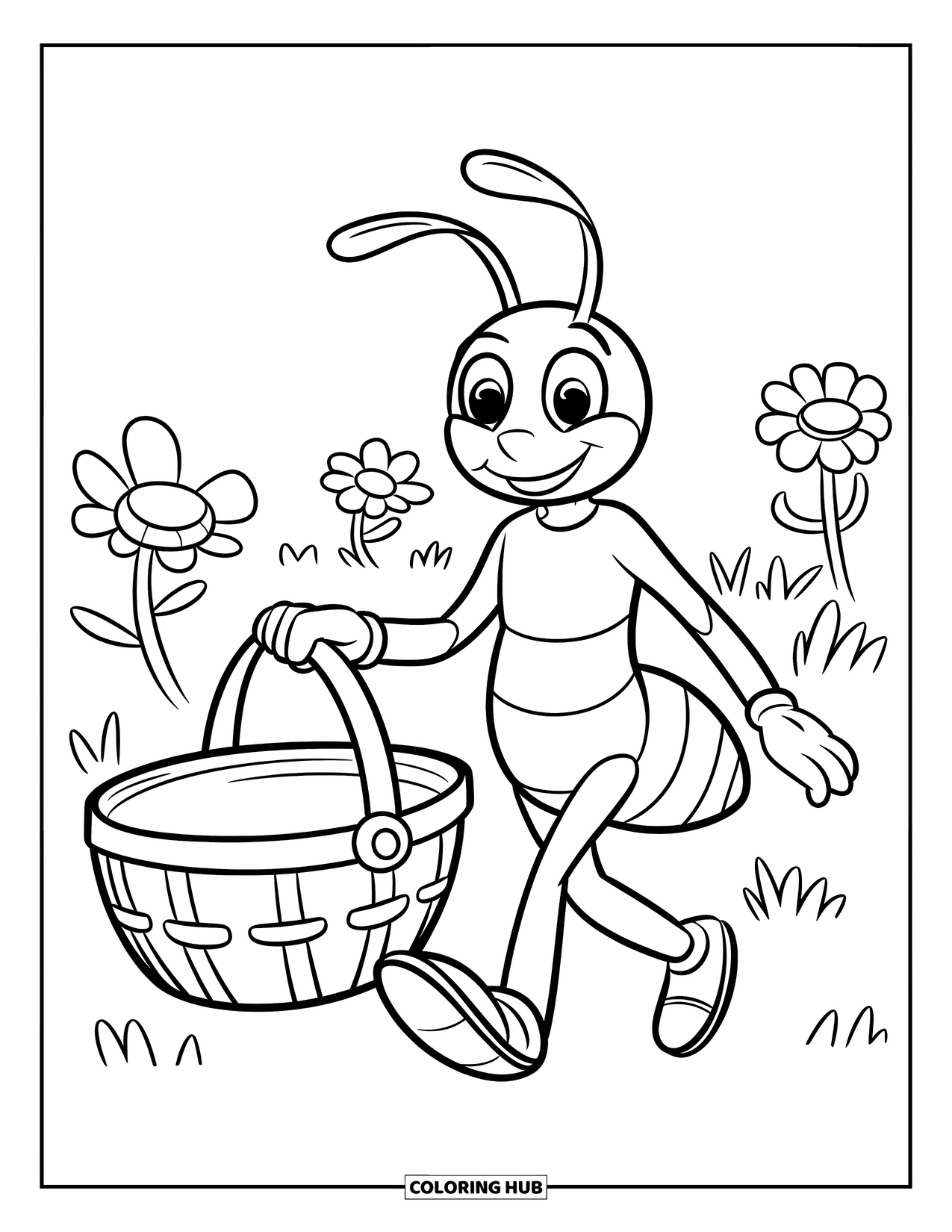Insects Coloring Page for Kids: Smiley ant walks by a basket in a flower-filled field