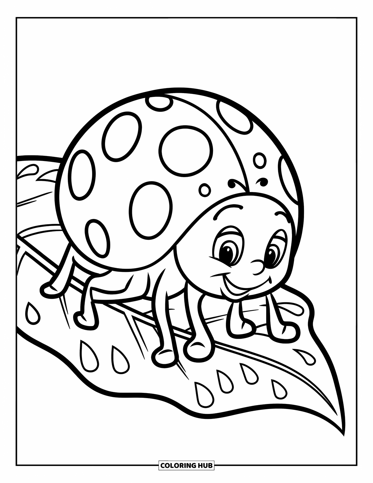 Insects Coloring Page for Kids: Smiling ladybug explores a large leafy surface with shiny dew drops