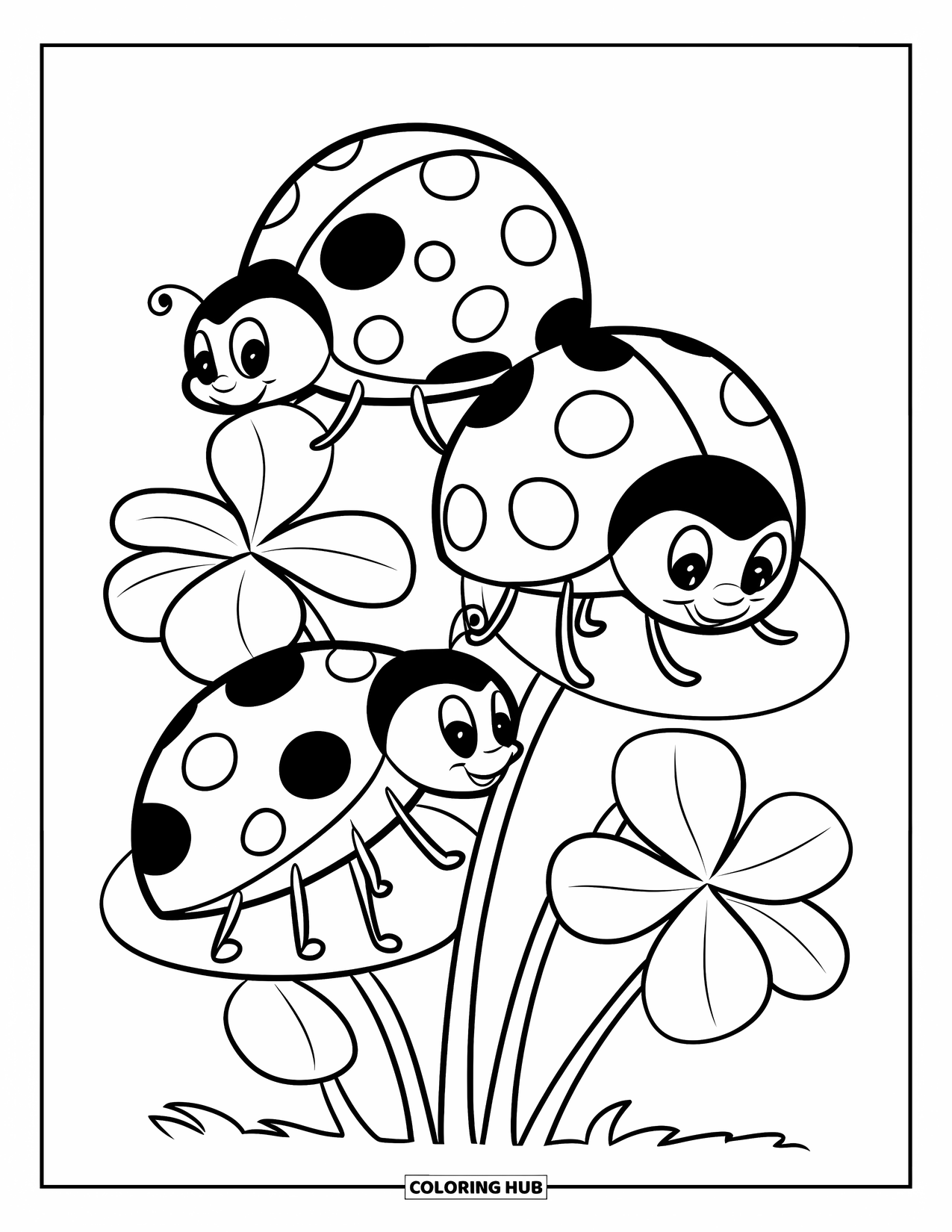 Insects Coloring Page for Kids: Three ladybugs climb a patch of clover with round little legs