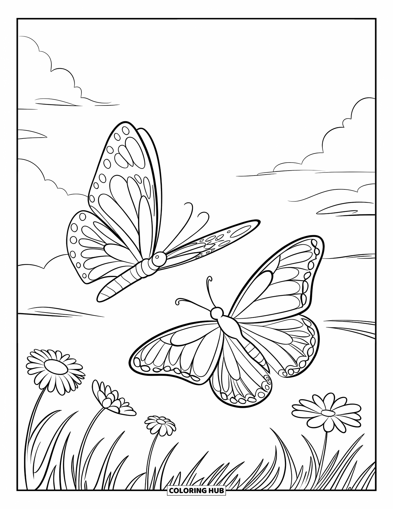 Insects Coloring Page for Kids: Two butterflies dance in the sky above a flowery meadow