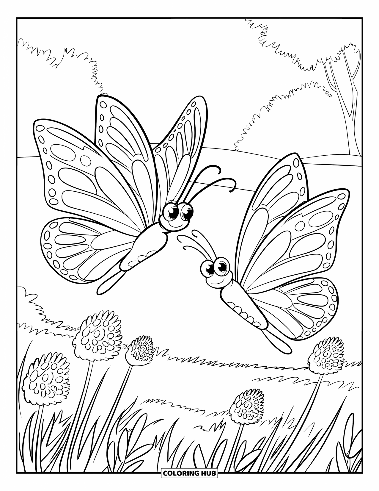 Insects Coloring Page for Kids: Two butterflies with big eyes dance above tall meadow plants