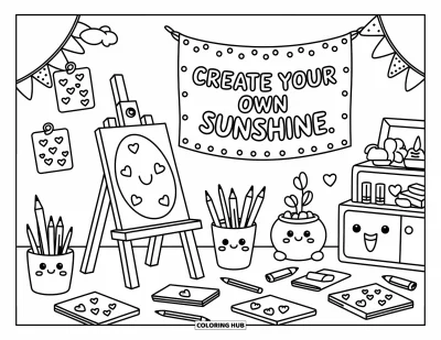 Inspirational Coloring Page for Adults: A cheerful art space with pencils, plants, and a sunshine banner feels warm and inspiring