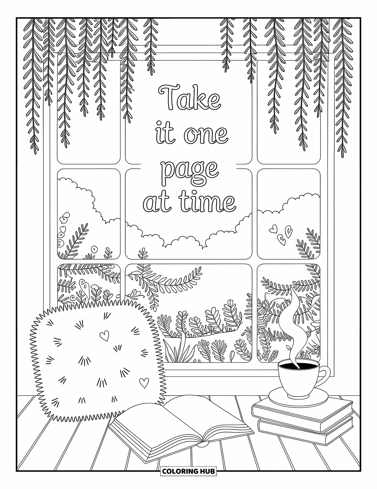 Inspirational Coloring Page for Adults: A comfy reading spot with tea and books invites you to "Take It One Page at a Time"