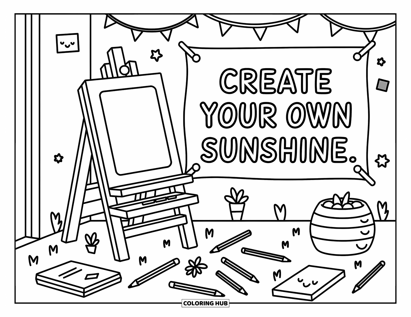 Inspirational Coloring Page for Adults: A cozy studio with doodles, plants, and an easel invites you to create sunshine