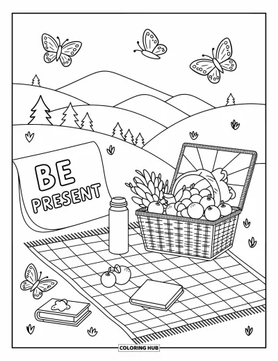 Inspirational Coloring Page for Adults: A peaceful picnic scene gently reminds you to "Be Present"