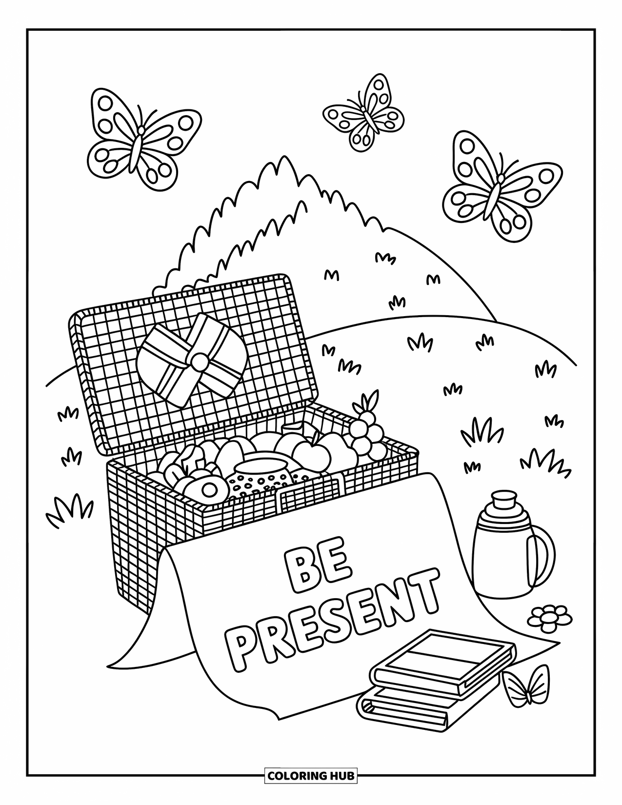 Inspirational Coloring Page for Adults: A picnic basket and butterflies invite you to "Be Present"