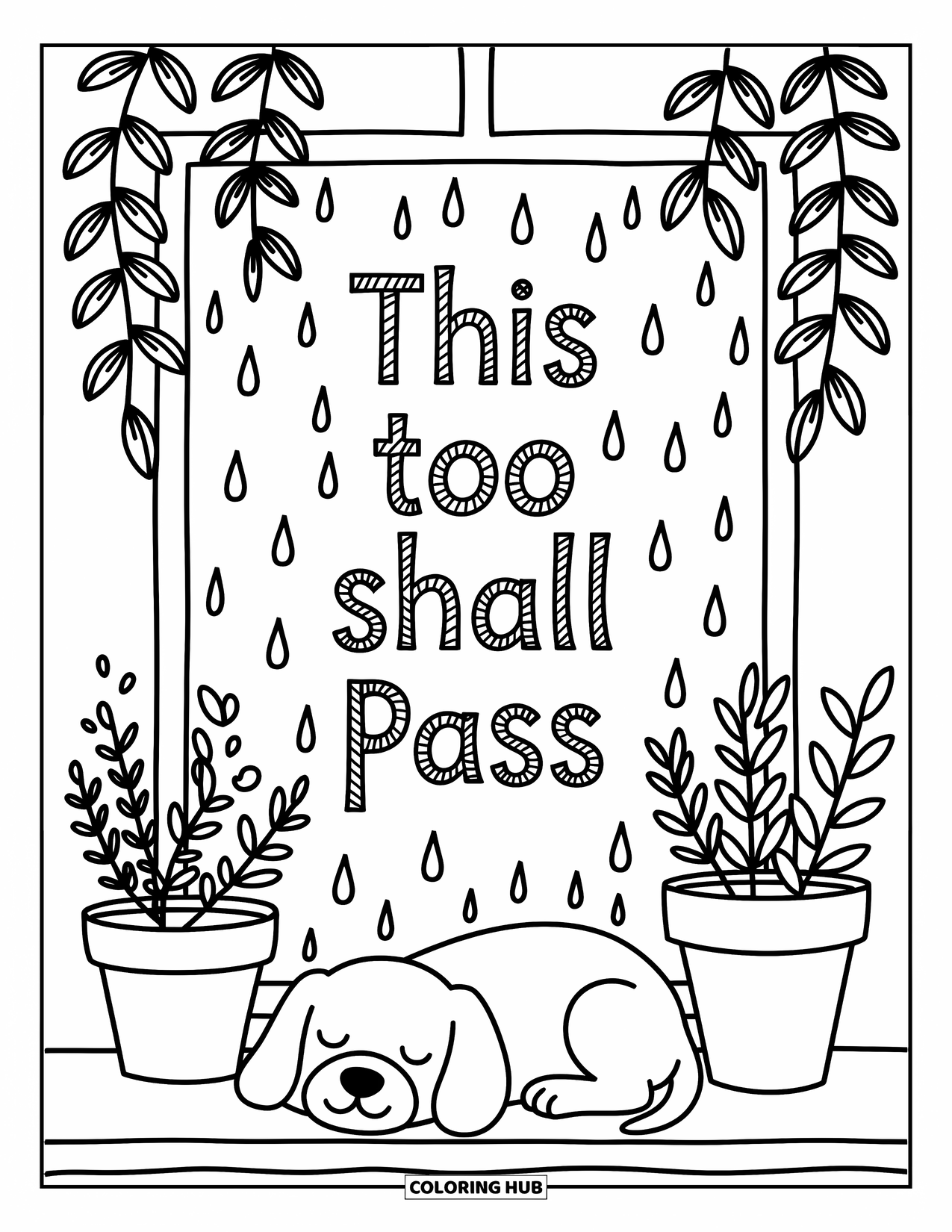 Inspirational Coloring Page for Adults: A puppy naps by rainy windows that say "This Too Shall Pass"