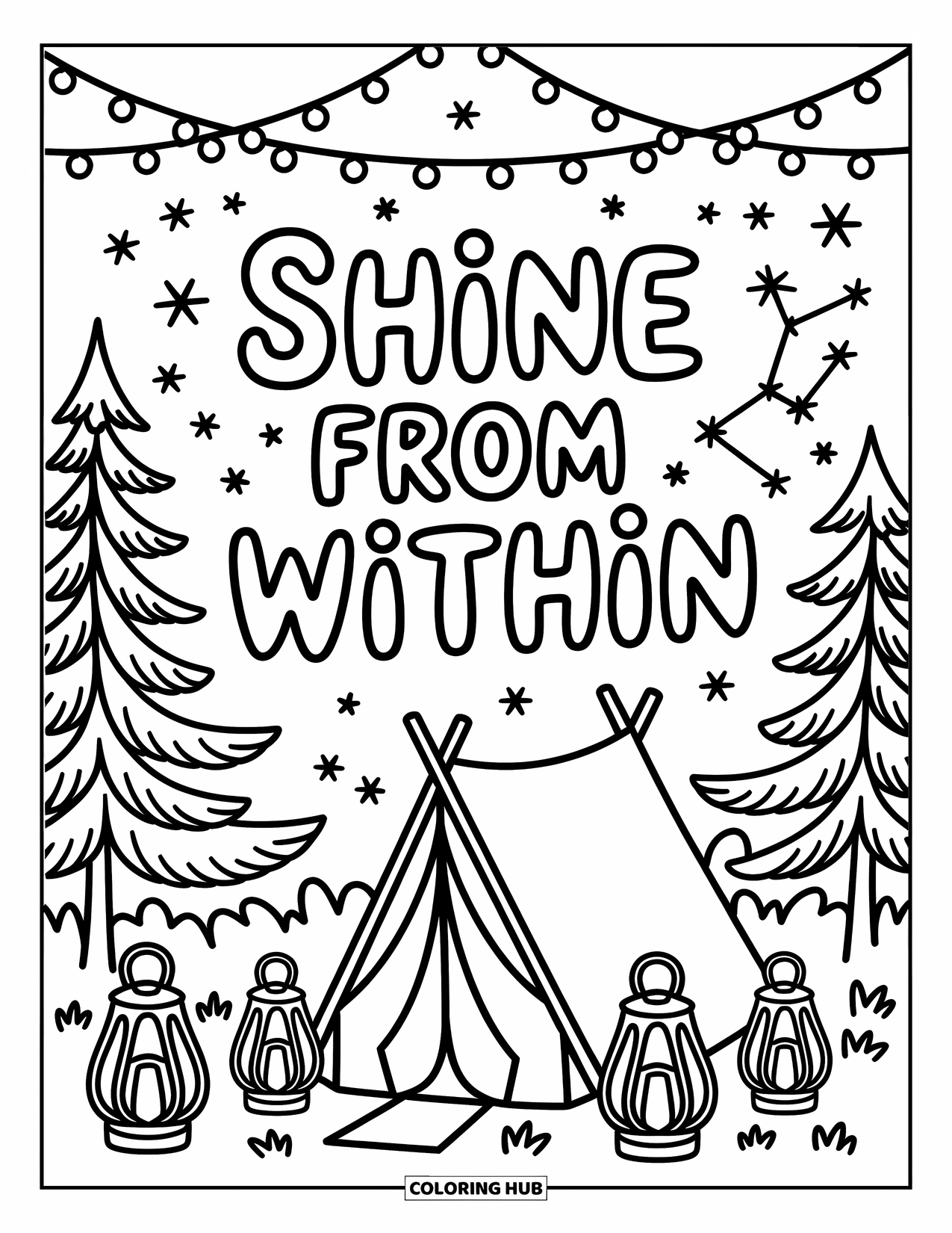 Inspirational Coloring Page for Adults: A tent, twinkling lights, and constellations hold a gentle reminder to "Shine From Within"