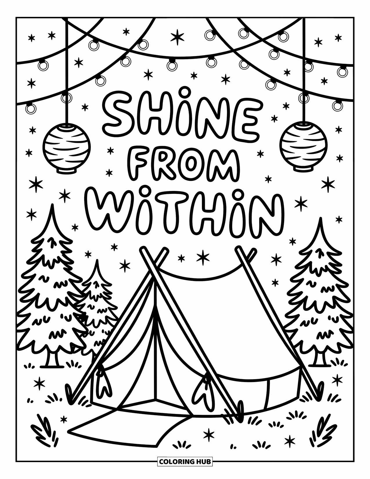 Inspirational Coloring Page for Adults: A tiny tent and lanterns glow under stars, with the phrase "Shine From Within" above