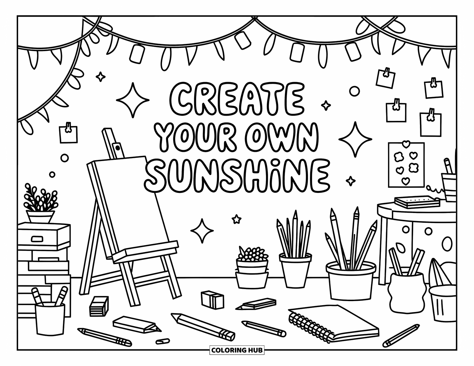 Inspirational Coloring Page for Adults: An easel and plants shine softly with "Create Your Own Sunshine"