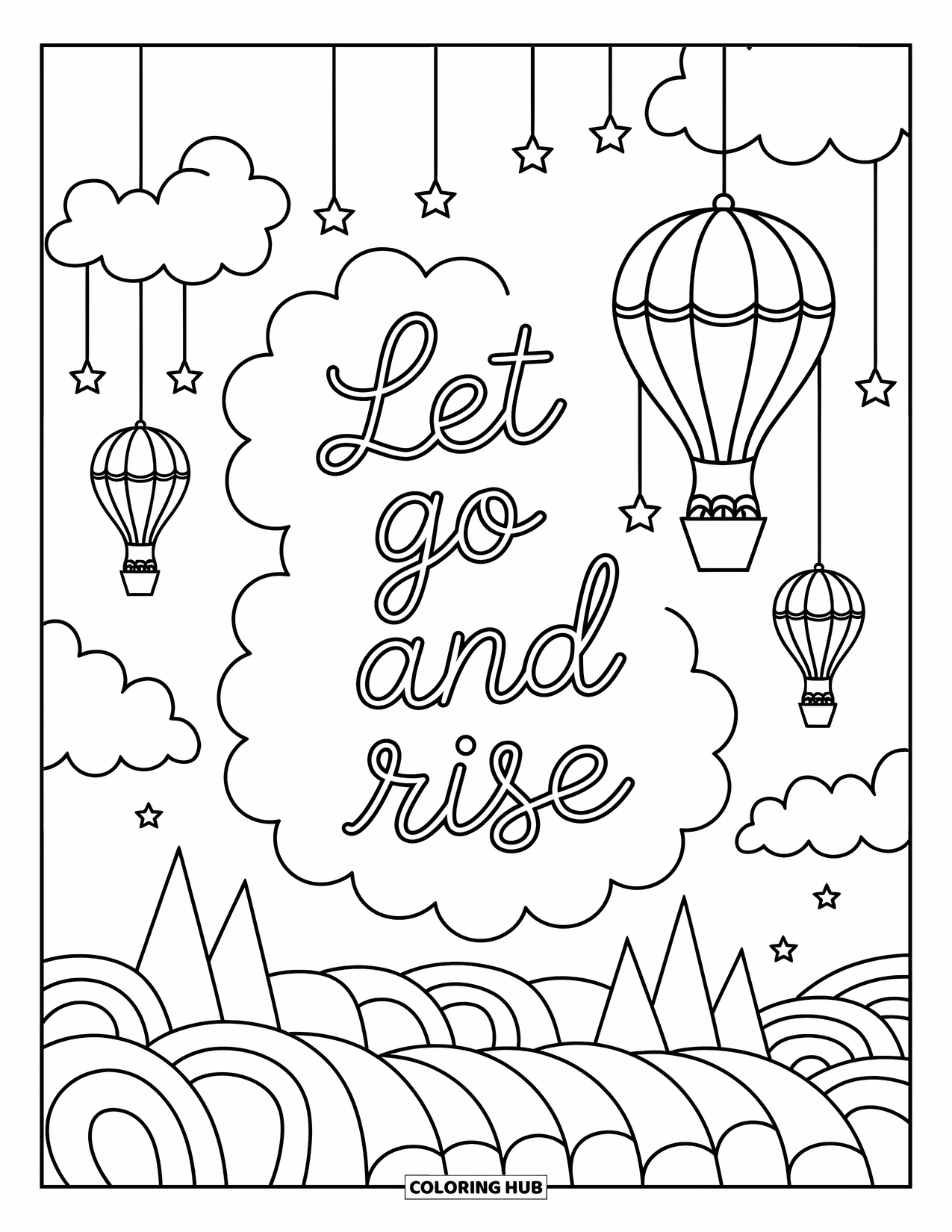 Inspirational Coloring Page for Adults: Floating islands, stars, and balloons drift in a dreamy sky with a message to rise