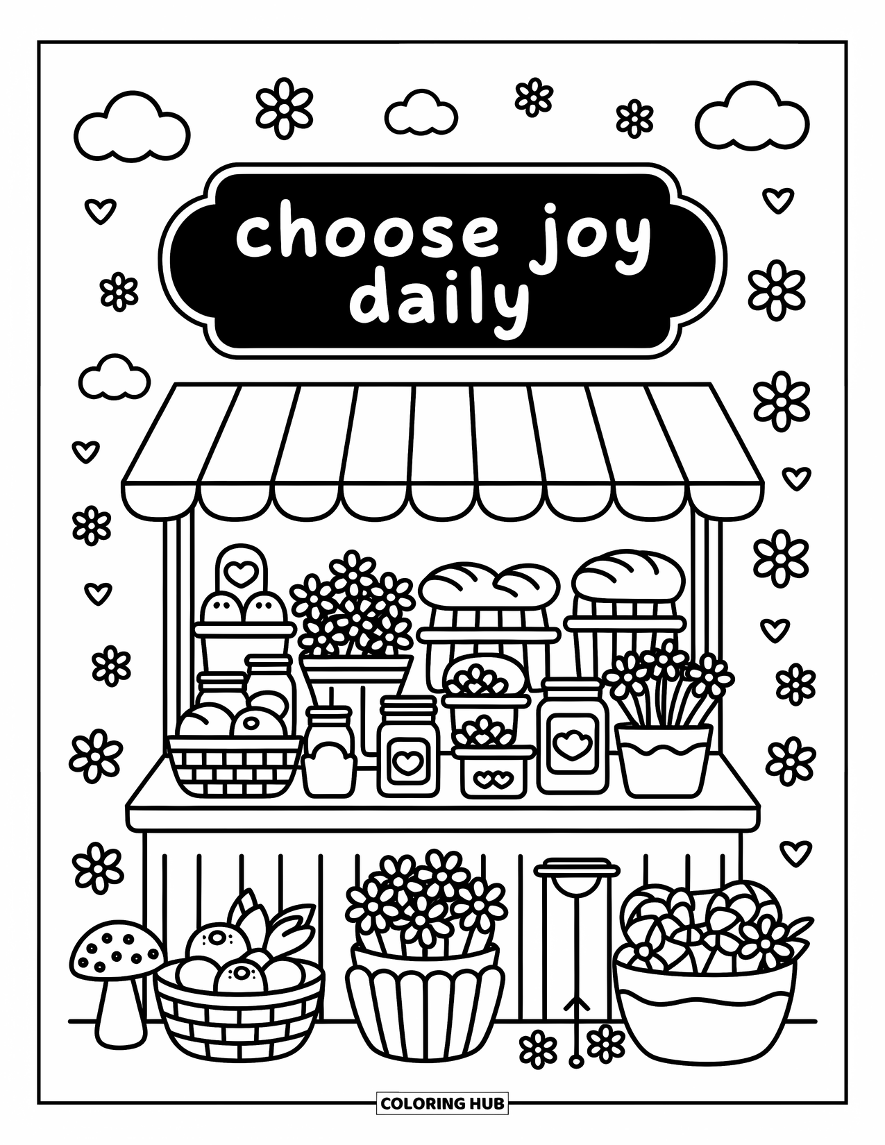 Inspirational Coloring Page for Adults: Jam jars, fruit baskets, and flowers call out "Choose Joy Daily"