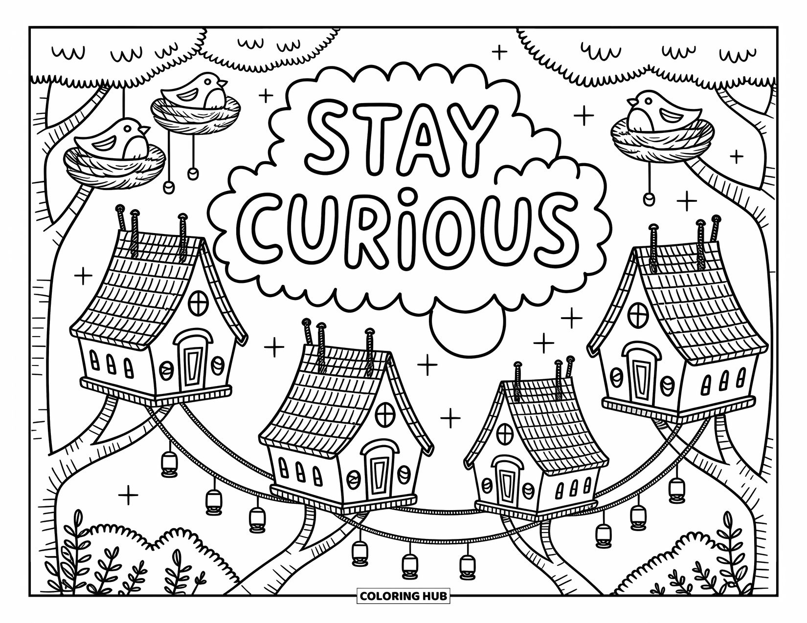Inspirational Coloring Page for Adults: Lanterns twinkle in treetops with the words "Stay Curious"