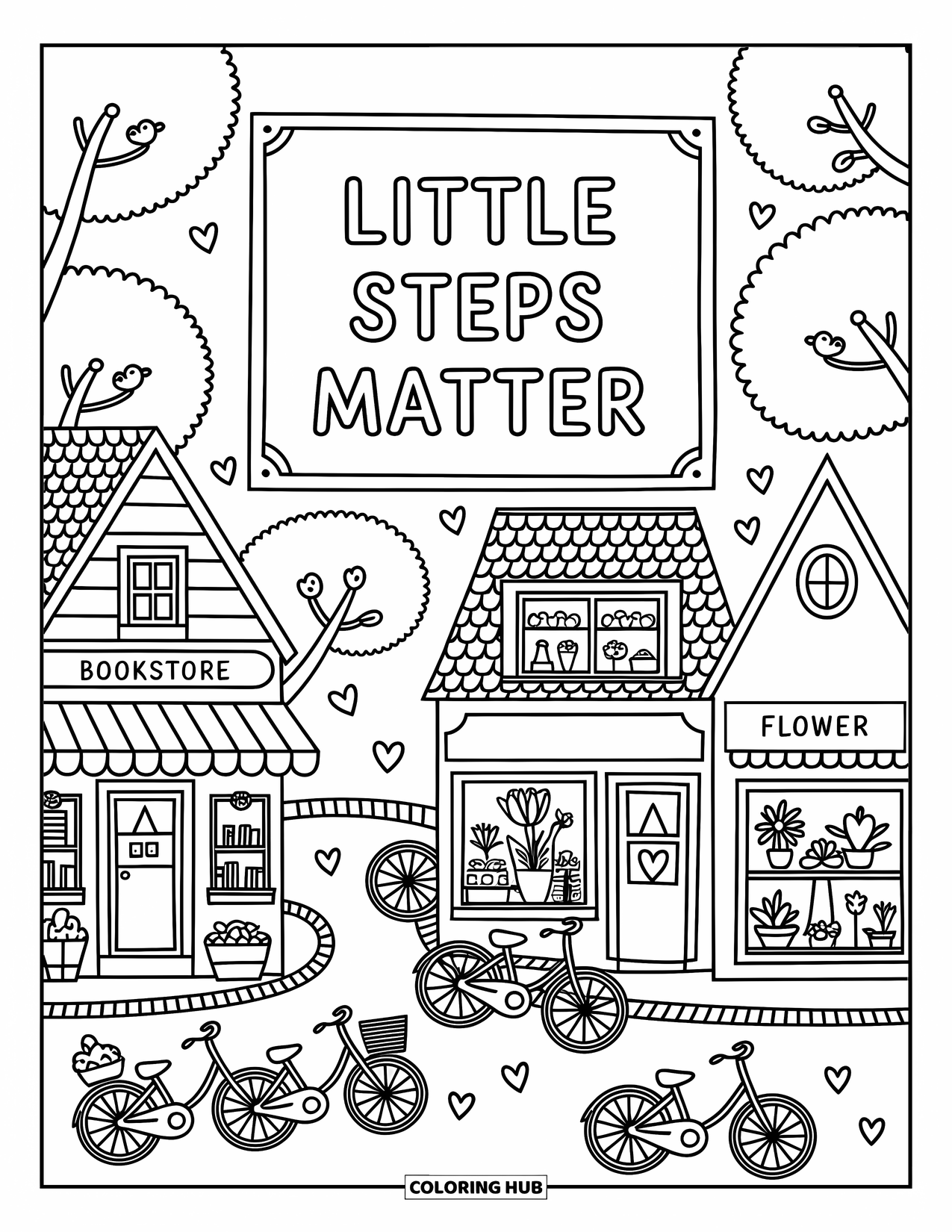 Inspirational Coloring Page for Adults: Tiny shops and cobbled paths lead the way with "Little Steps Matter"