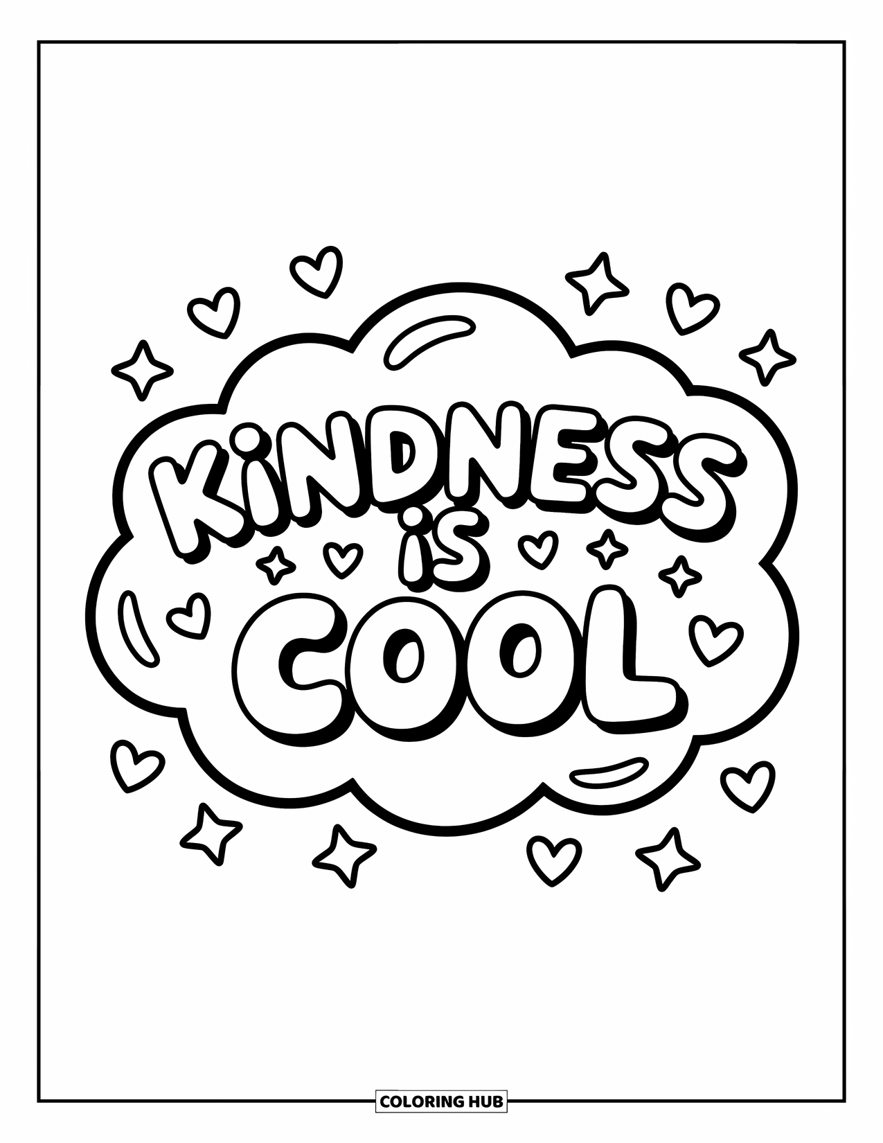 Inspirational Coloring Page for Kids: A cheerful cloud holds the words "Kindness is Cool"