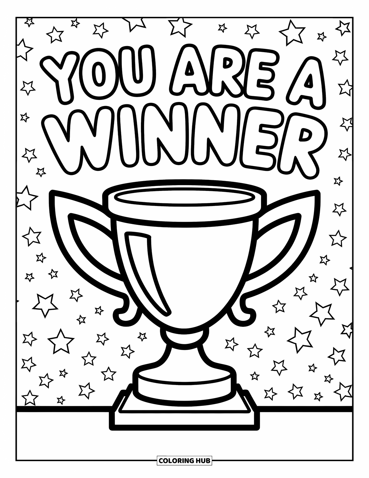 Inspirational Coloring Page for Kids: A chunky trophy shines proudly with the message "You Are a Winner"