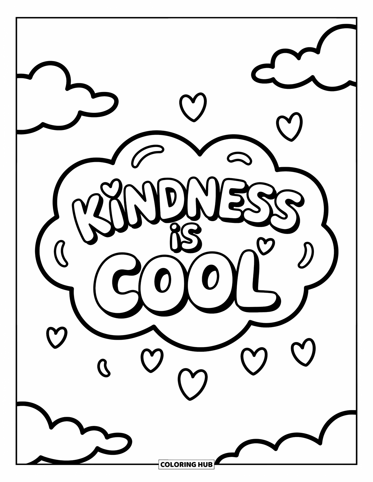 Inspirational Coloring Page for Kids: A fluffy cloud floats with the message "Kindness is Cool"
