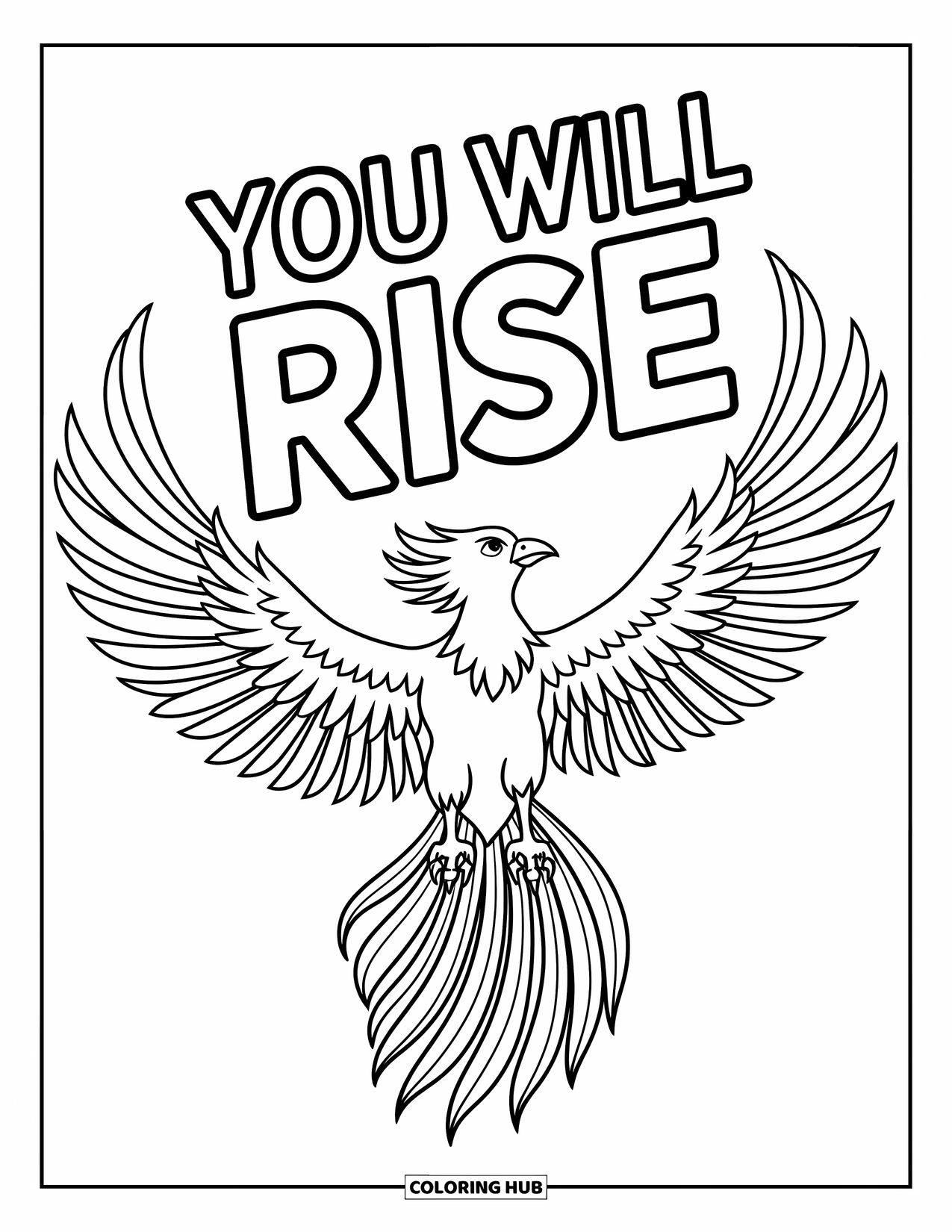 Inspirational Coloring Page for Kids: A majestic phoenix and flames lift the phrase "You Will Rise"