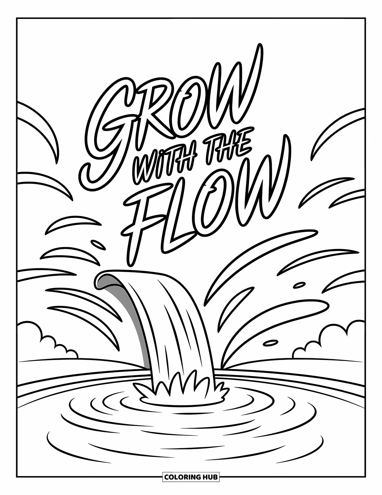 Inspirational Coloring Page for Kids: A modern waterfall scene captures the vibe of "Grow With the Flow"
