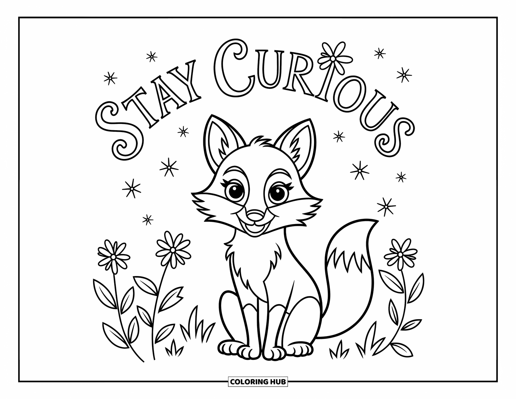 Inspirational Coloring Page for Kids: A playful fox in a forest scene rests beneath "Stay Curious"