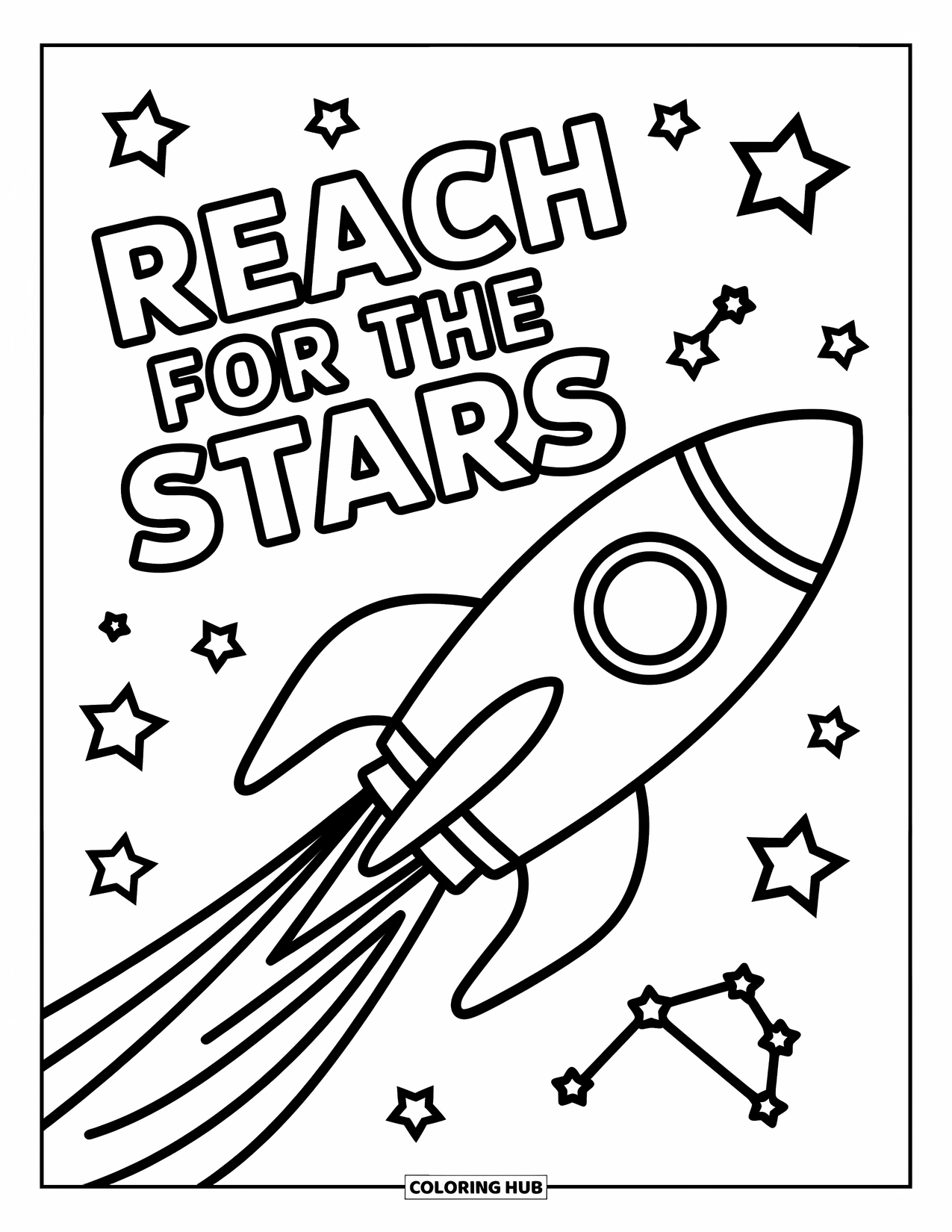 Inspirational Coloring Page for Kids: A rocket zooms past stars with "Reach for the Stars" above
