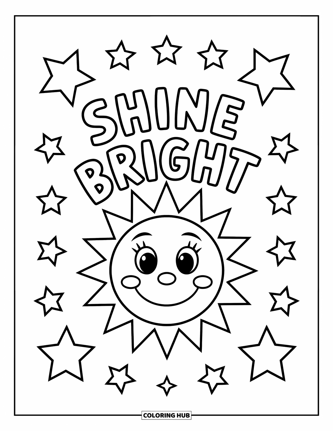 Inspirational Coloring Page for Kids: A smiling sun beams under twinkling stars and the phrase "Shine Bright"