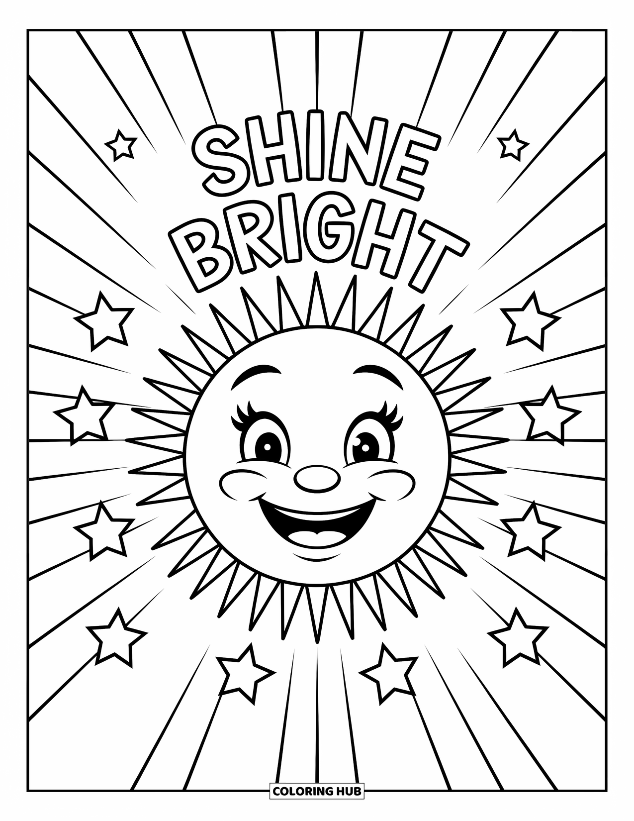 Inspirational Coloring Page for Kids: A sunny face and sparkling stars cheerfully frame "Shine Bright"