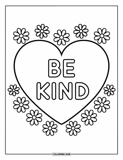 Inspirational Coloring Page for Kids: A warm heart with the words "Be Kind" shines in the center