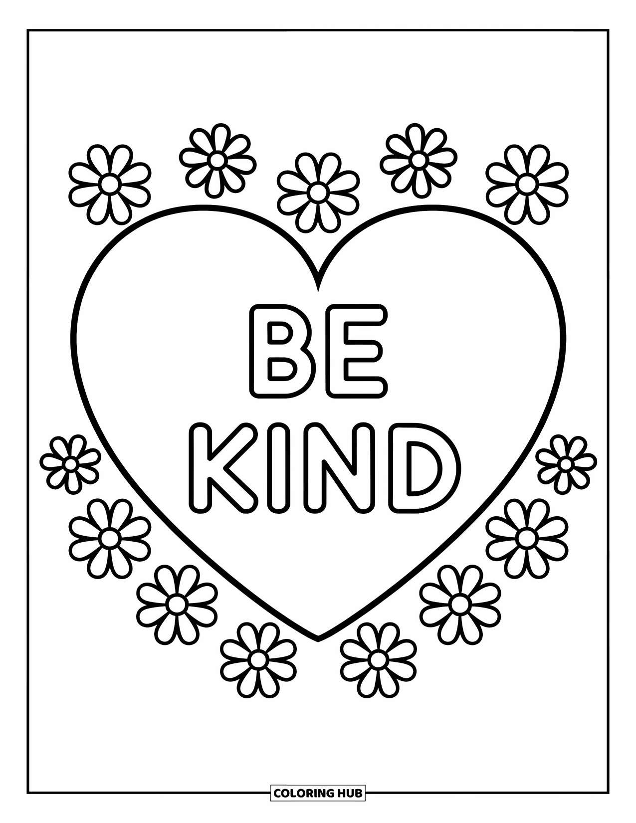 Inspirational Coloring Page for Kids: A warm heart with the words "Be Kind" shines in the center