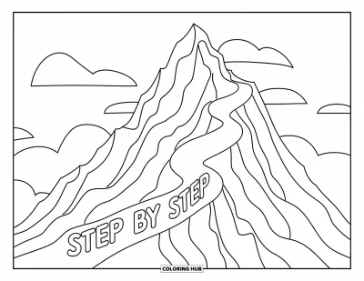 Inspirational Coloring Page for Kids: Mountains and butterflies surround the words "Step by Step"