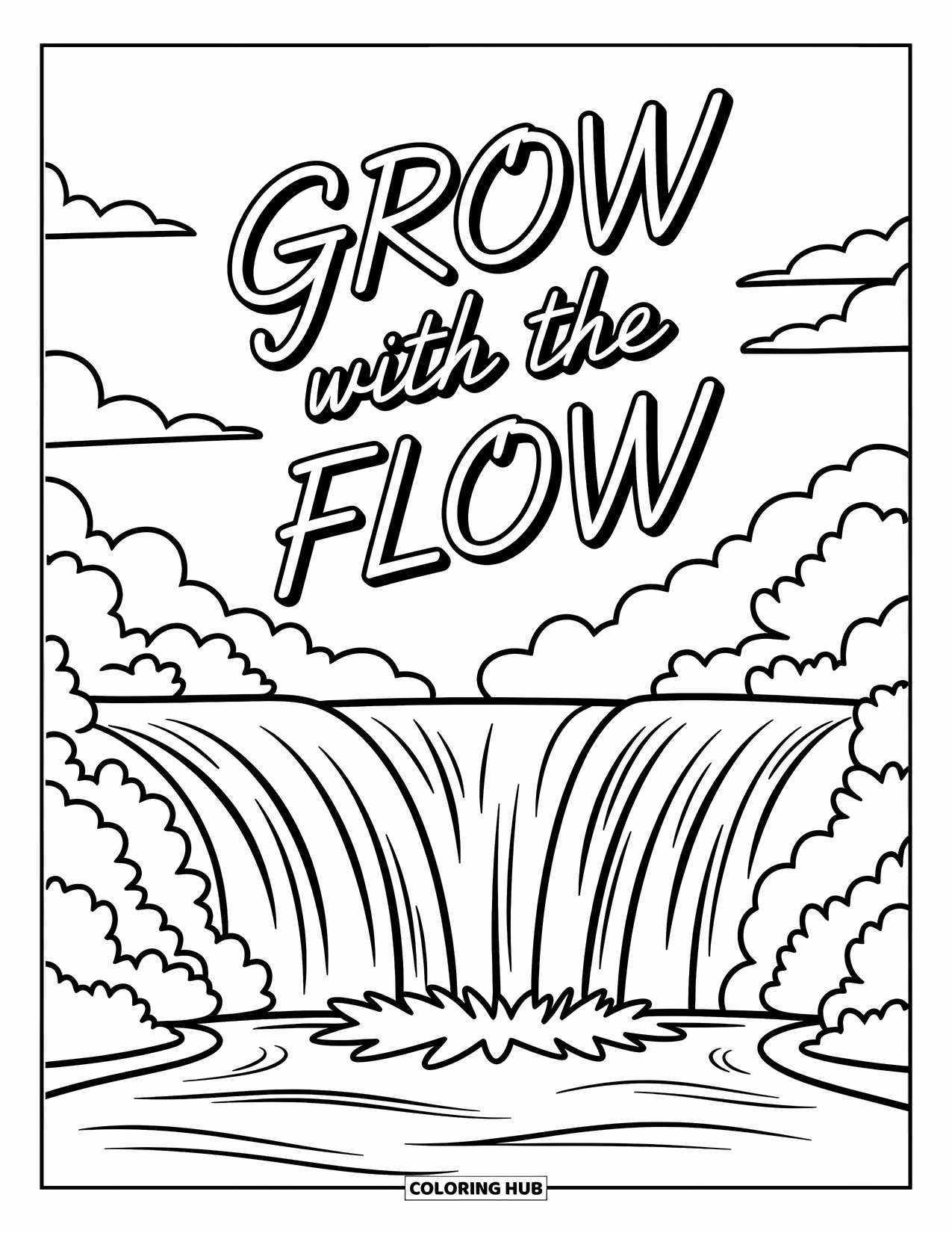 Inspirational Coloring Page for Kids: Peaceful water and flowing lines frame "Grow With the Flow"