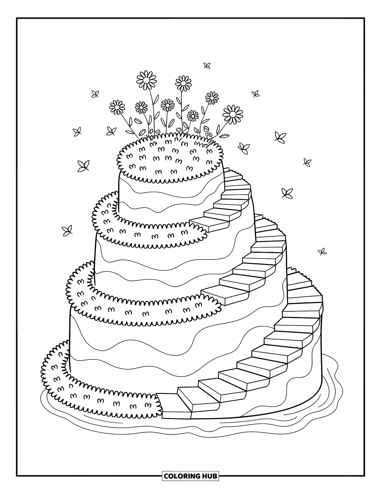 Island Coloring Page for Adults: Cake-like island with grassy tiers and a staircase lined with blossoms