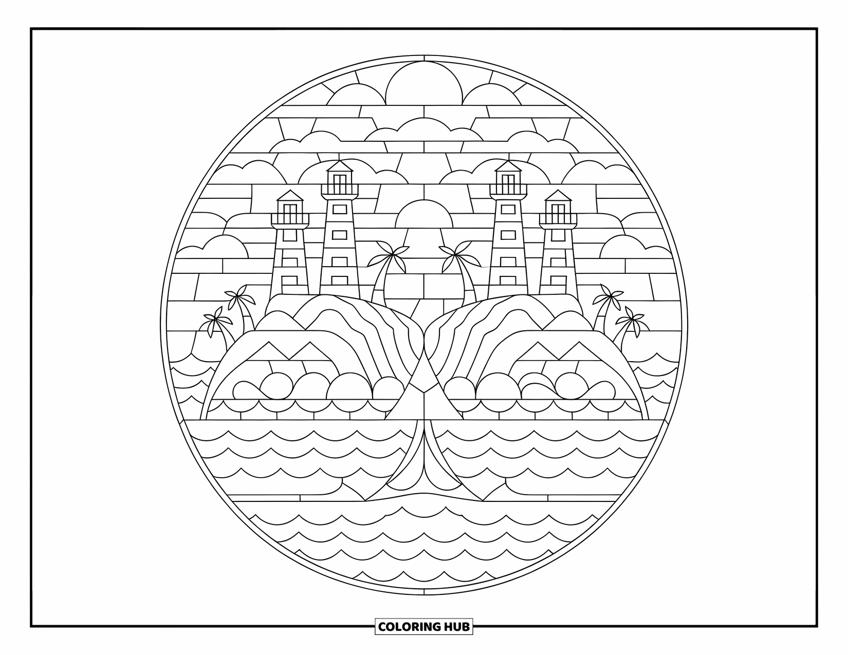 Island Coloring Page for Adults: Circular island layout with lighthouses, palm trees, and gentle wave patterns