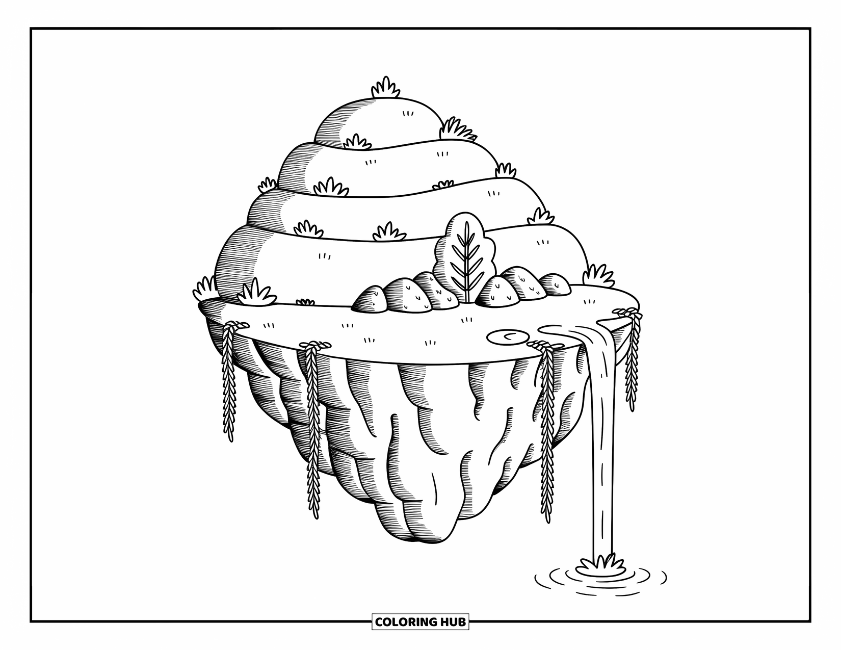 Island Coloring Page for Adults: Cliffs, vines, and leafy greenery decorate a floating island above the sea