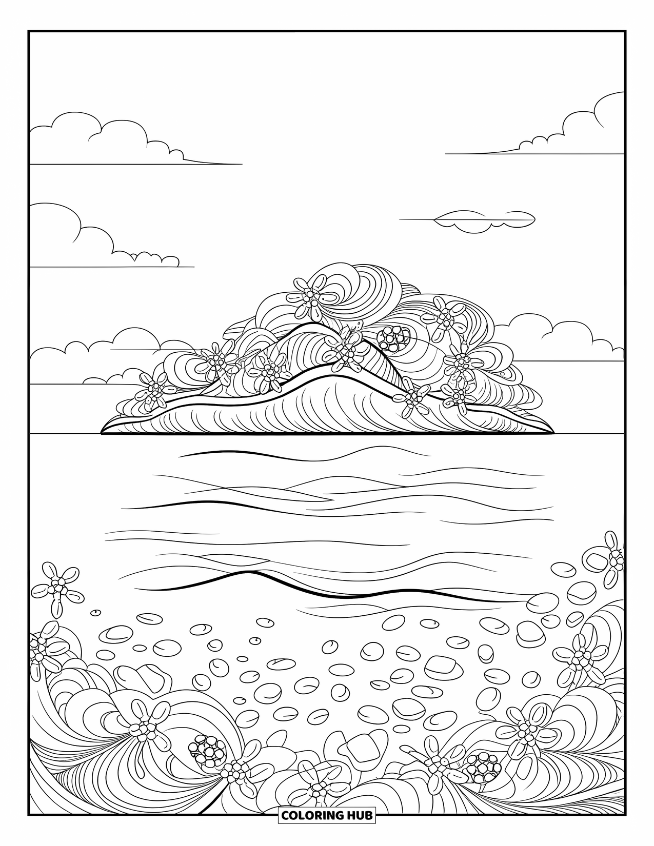 Island Coloring Page for Adults: Cozy cove island wrapped in waves and floral swirls